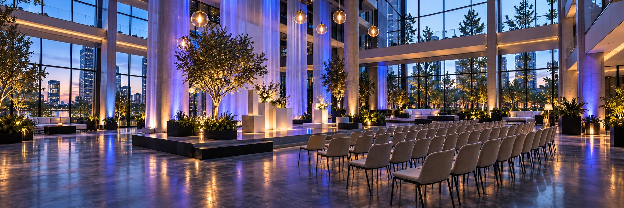 A glass atrium event venue with a softly lit stage, warm pendant lights and rows of seats